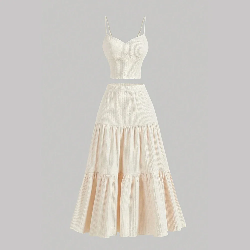 

Sets Summer Simple Decent Solid Color Screw Thread Sleeveless Sweetheart Neck High Waist Pleated Skirt Sets For Women