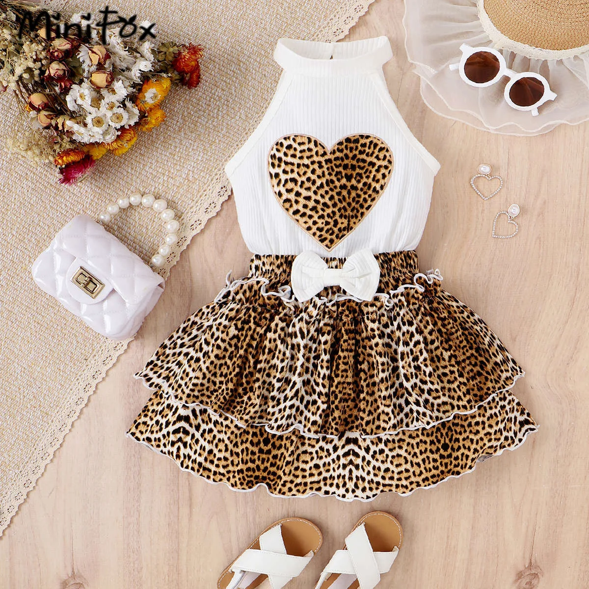 MiniFox 2pcs Summer Sets For Girls Kids Heart Graphic Halter Neck Top and Leopard Cake Skirts Children\'s Clothing Girls Outfit