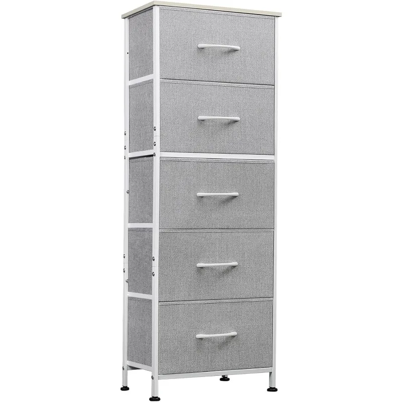 Fabric Dresser, 5-Drawer Tall Dresser for Bedroom, Storage Dresser Organizer with Fabric Bins, Wood Top, Sturdy Steel Frame