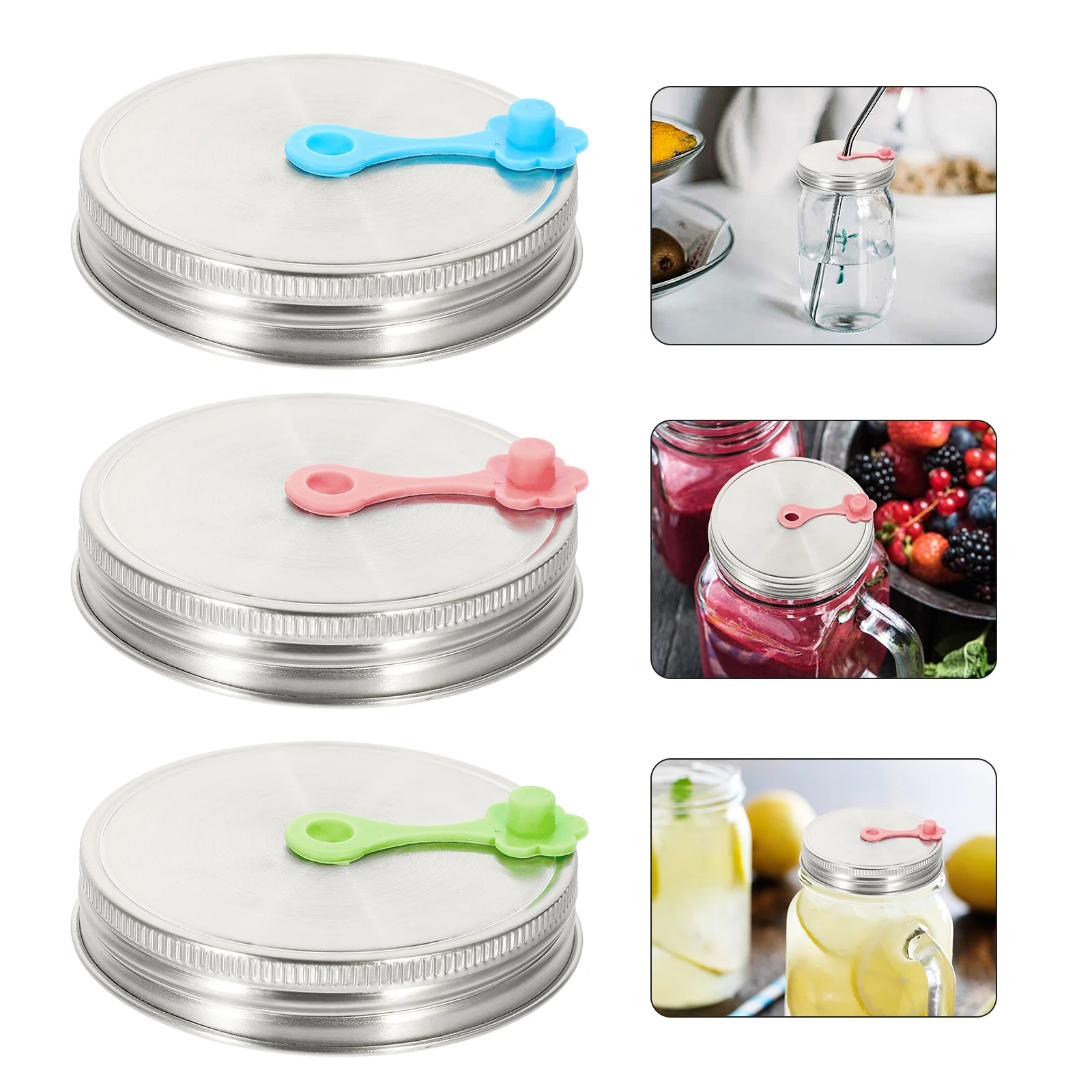 

3 set Stainless Steel Straw Lids For Mason Jars Leak Proof Canning Covers Reusable Jar Lids With Stoppers Dust Resistant Sealed