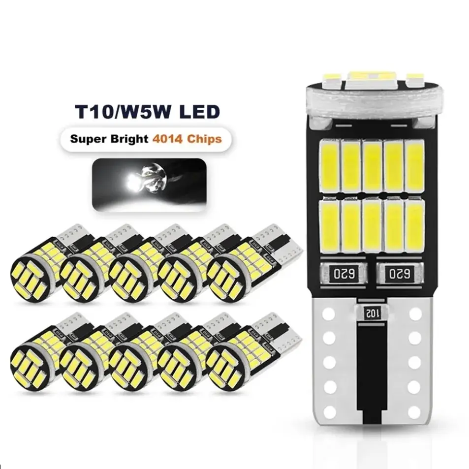 10PCS W5W T10 Led Bulbs Canbus 4014 SMD 6000K 168 194 Led 5w5 Car Interior Dome Reading License Plate Light Signal Lamp