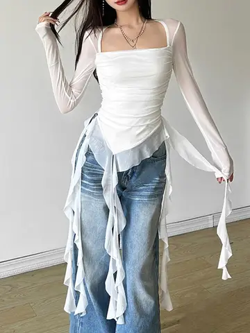 Sexy Slash Neck Off Shoulder Gauze Tshirts Women Y2k Aesthetic Irregular Ruffled Slim Fit Grunge Top Harajuku Vintage Fairy Tees