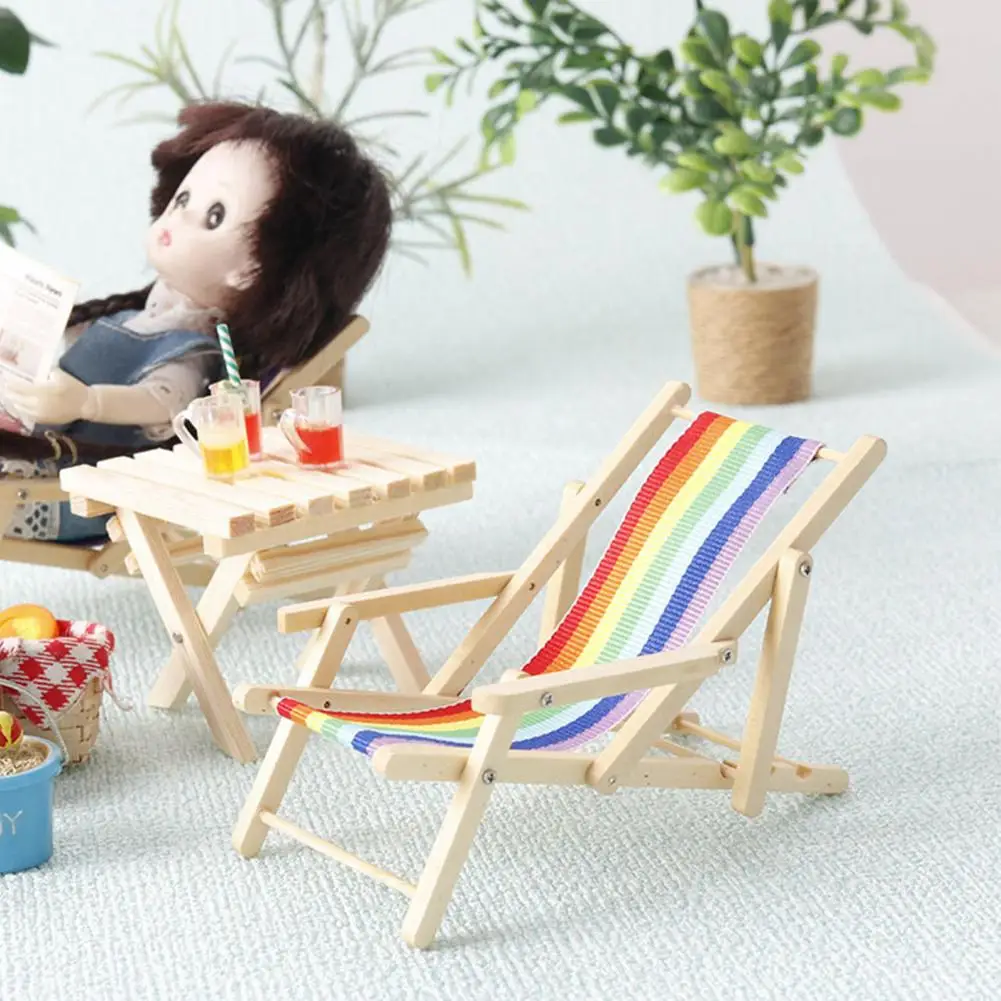 Mini Beach Chair for 1:12 or 1:6 Dollhouses Foldable Rainbow Lounger Chair Miniature Simulated Beach Chair Dollhouse Decoration