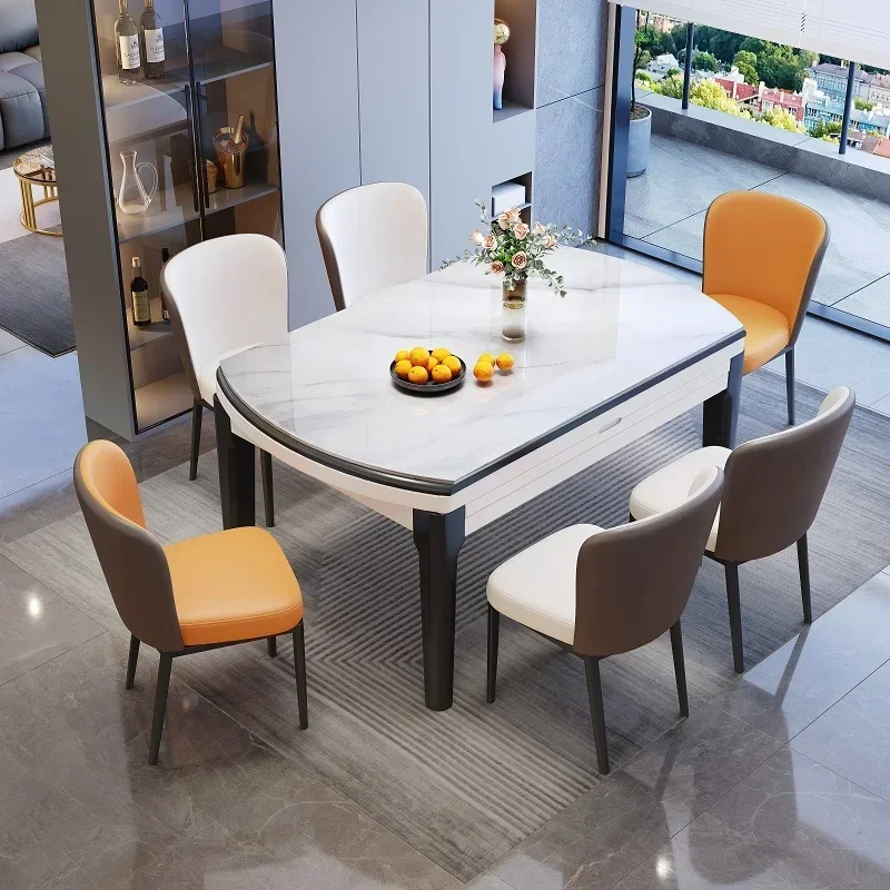 Práctica Mesa redonda larga nórdica, sillas rectangulares antideslizantes, Mesa de Comedor central, cocina, Mesa blanca extensible, Comedor Decorati
