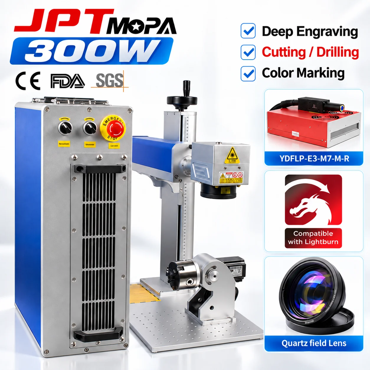 Macchina per marcatura laser a fibra JPT MOPA 2D 300W, per incisioni profonde e marcature a colori, incisore laser per metalli, ideale per acciaio inossidabile, alluminio e gioielli.