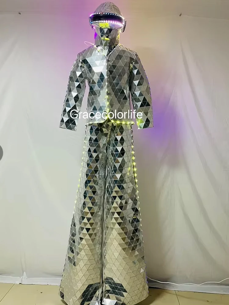 Hot Sale Mirror Costume Red Stilts Walker Silver Gold LED Robot Suit Costume for DJ Party Performance Show Dance Party