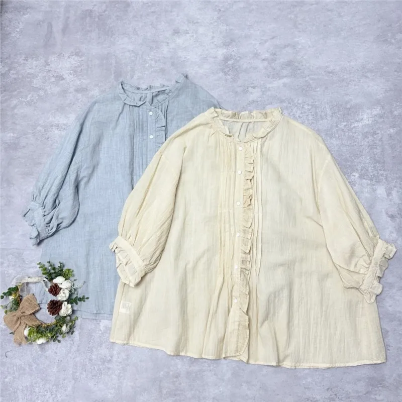 

Johnature Japanese Fungus Pressed Pleated Shirts Summer Thin Sheets Comfortable Breathable Casual Fashion Tops New