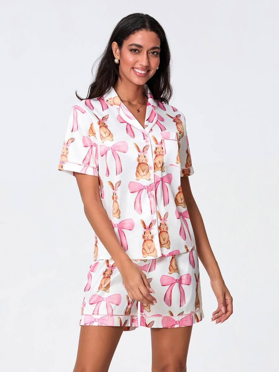 Women 2 Piece Stain Pajama Sets Shirt with Shorts Short Sleeve Cute Pink Bow Print ElegantLapel Button Shirt Loose Lounge Set