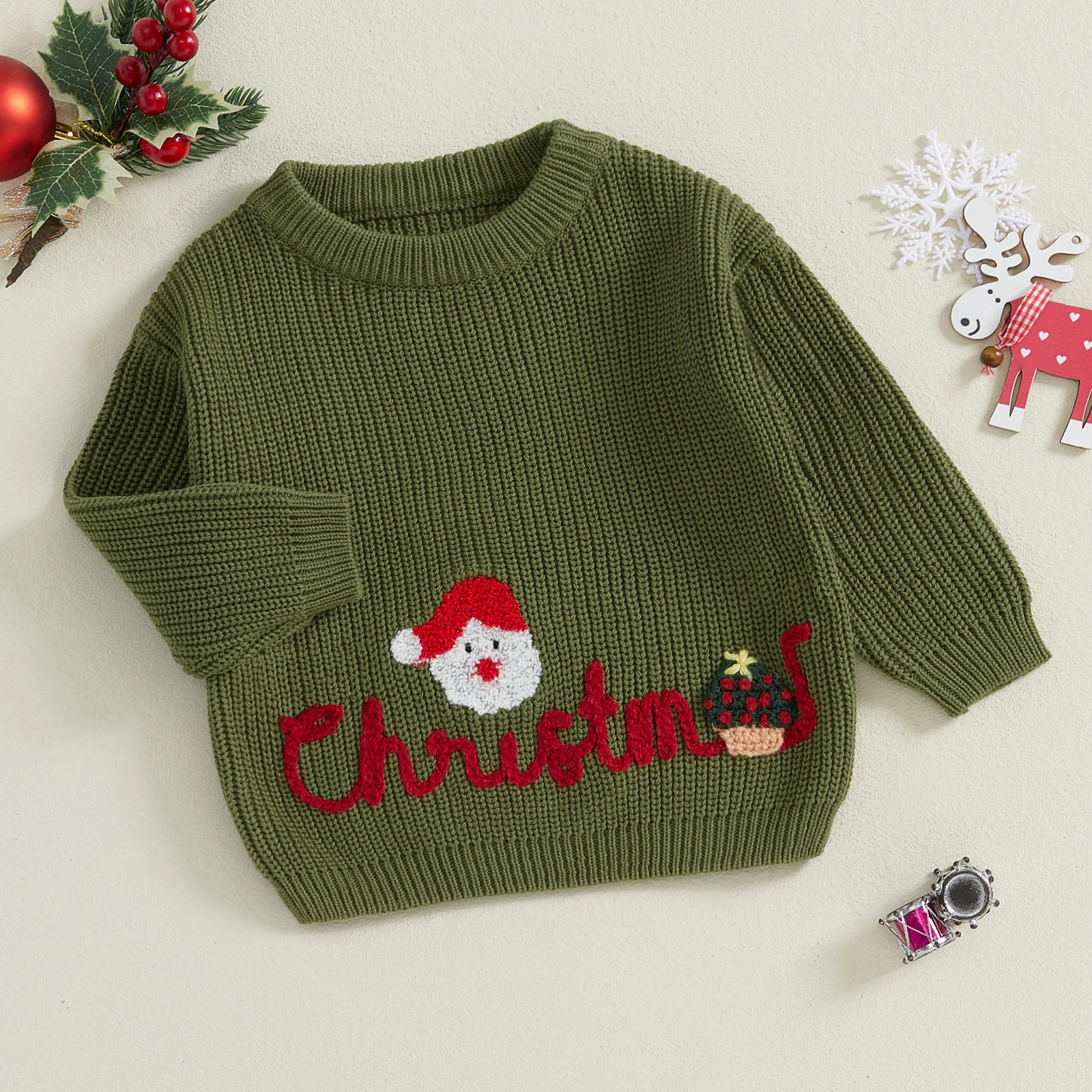 Pull à Manches sulfet Col Ras du Cou pour Enfant Fille et Garçon, Vêtement de Noël, avec Lettres Brodées, Père Noël, Chaud