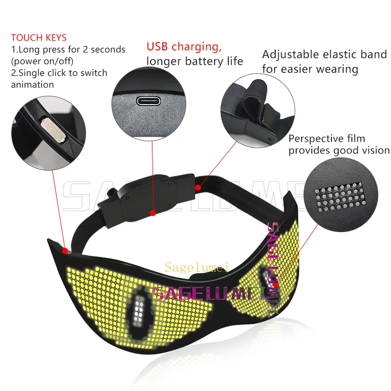 Halloween Programmable DIY Text Luminous Cool Led Display Animation Flashing Demon Eye Glasses for Devil's Eyewear Holiday Party