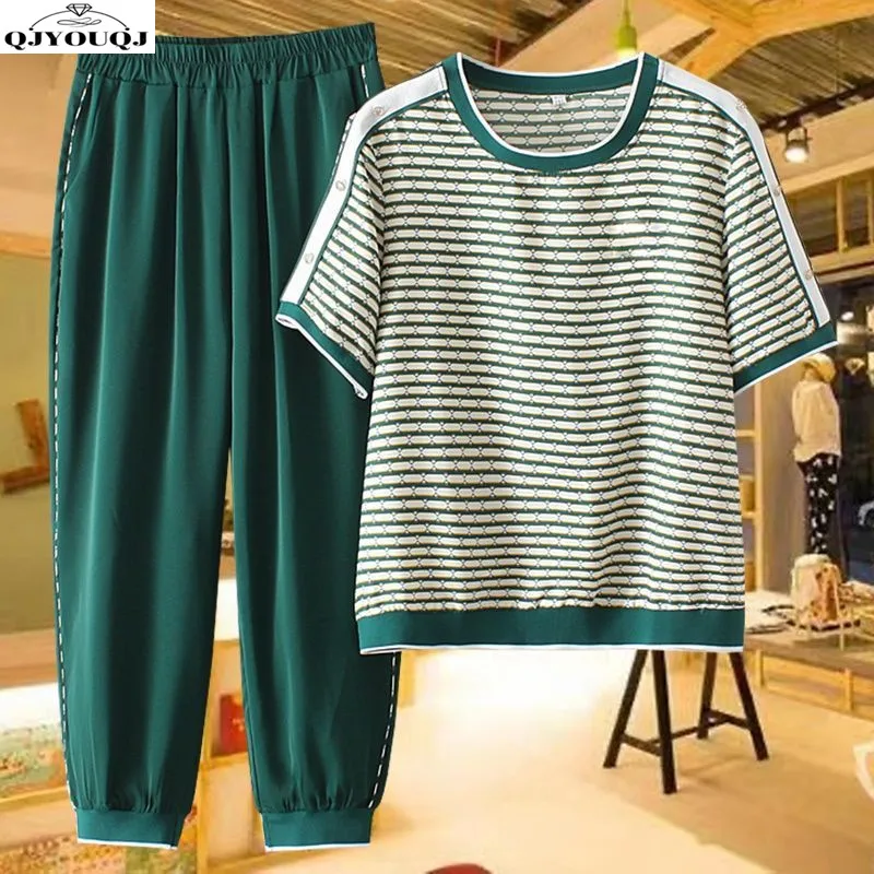 

Spring and summer new women's suit short sleeved striped top with casual pants plus plus plus size casual suit