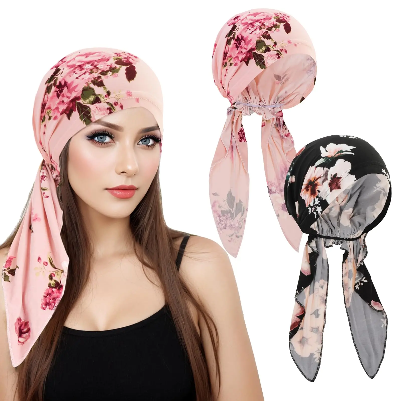 Pre Tied Chemo Cancer Headscarf Floral Print Turban Hijab Hat Soft Elastic Head Coverings Head Wraps for Women Sleep Caps