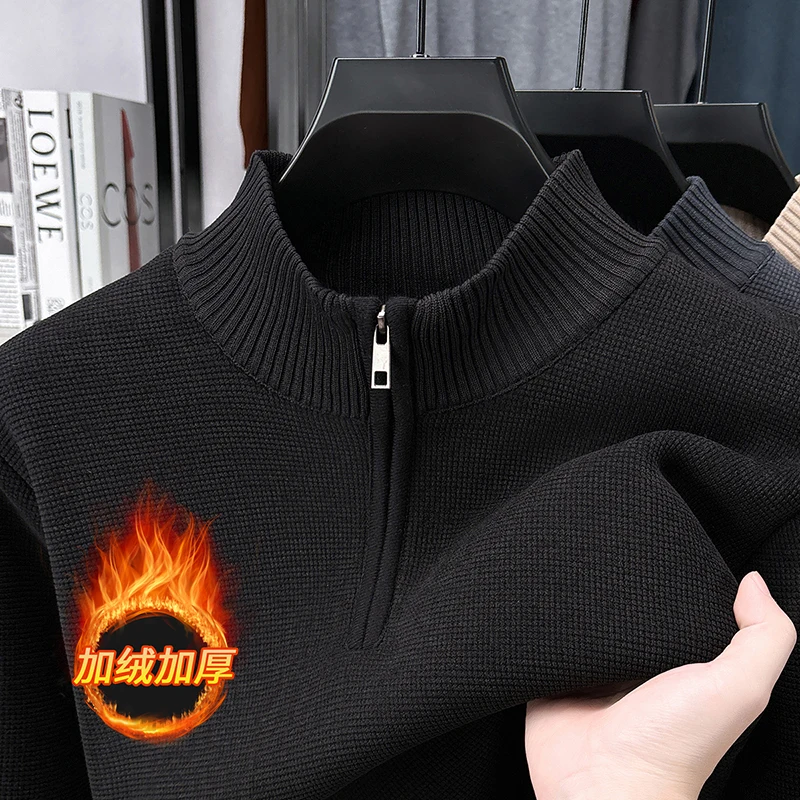 Suéter masculino com veludo grosso para o calor, novo moletom com capuz com gola com zíper de meia altura de inverno, top moderno para jovens