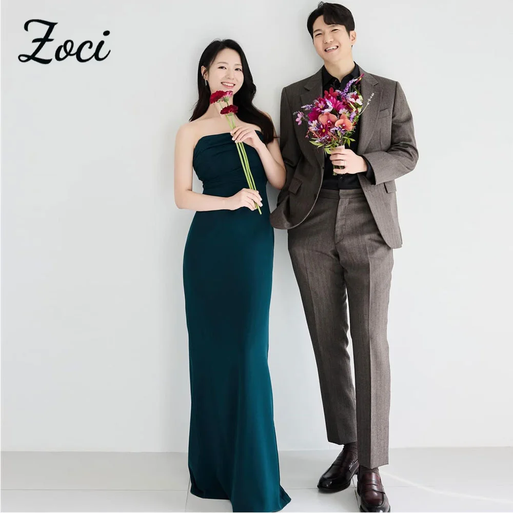 

Zoci Emerald Green Korea Wedding Photo Shoot Dresses Customized Strapless Pleat Elastic Satin Mermaid Bridal Reception Gown