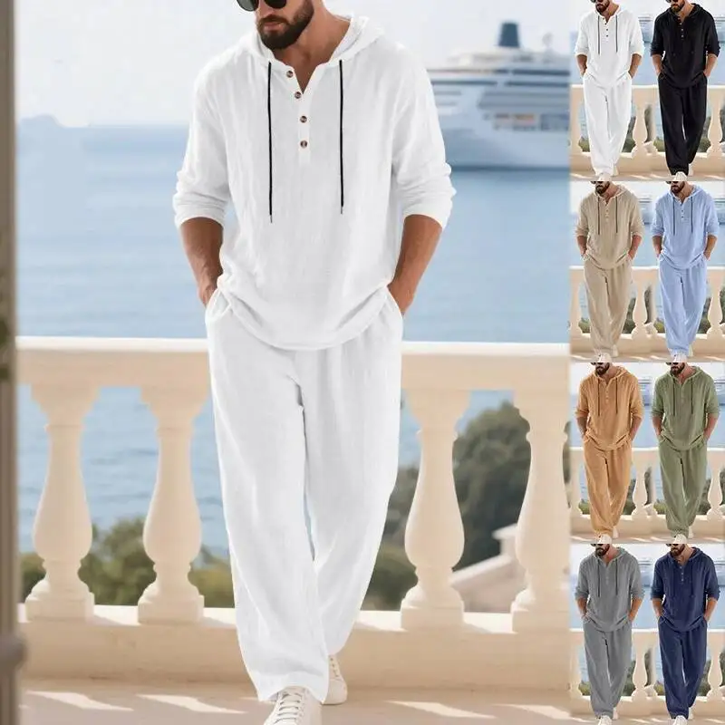 

Men's Linen Casual 2 Pieces Spring Summer Loose Fit Hooded Henley Shirt & Pants Set Breathable Outdoor Vacation Style