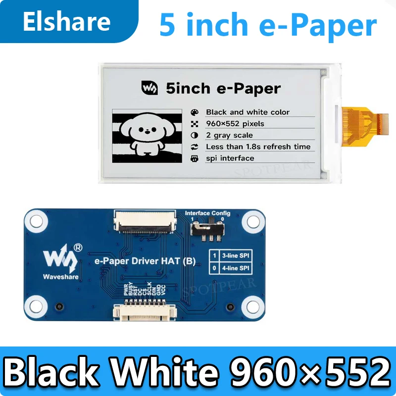 

Экран Raspberry Pi 5 дюймов, 960×552, черно-белый, на основе технологии e-Paper, для Arduino/Jetson/STM32/ESP32