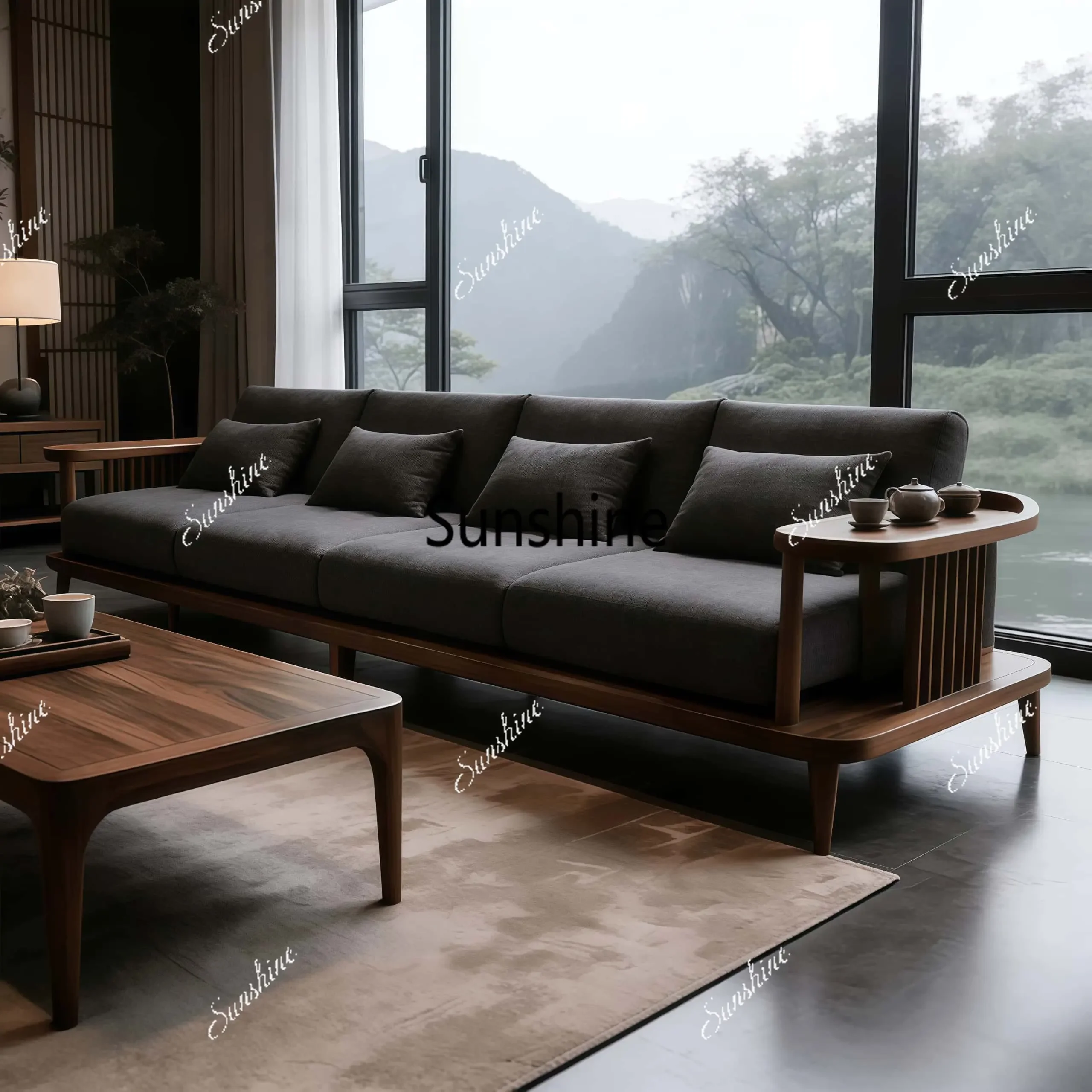 

YNew Chinese solid wood sofa modern simple home light luxury high-end sense straight row