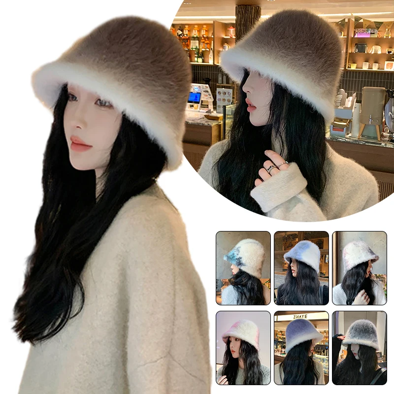 

Gradient Color Girls Winter Hat Fuzzy Cozy Soft Plush Hat Anti-Slip Windproof Resistant Basin Cap Thick Plush Basin Hat