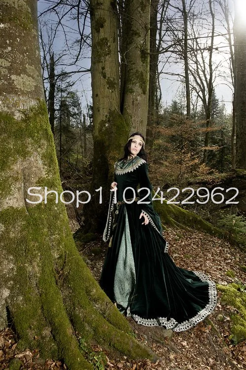 Emerald Green Velvet Eowyn Renaissance Medieval Prom Dresses Fairy Long Sleeve Movie Theater Costume Evening Outfit Gown