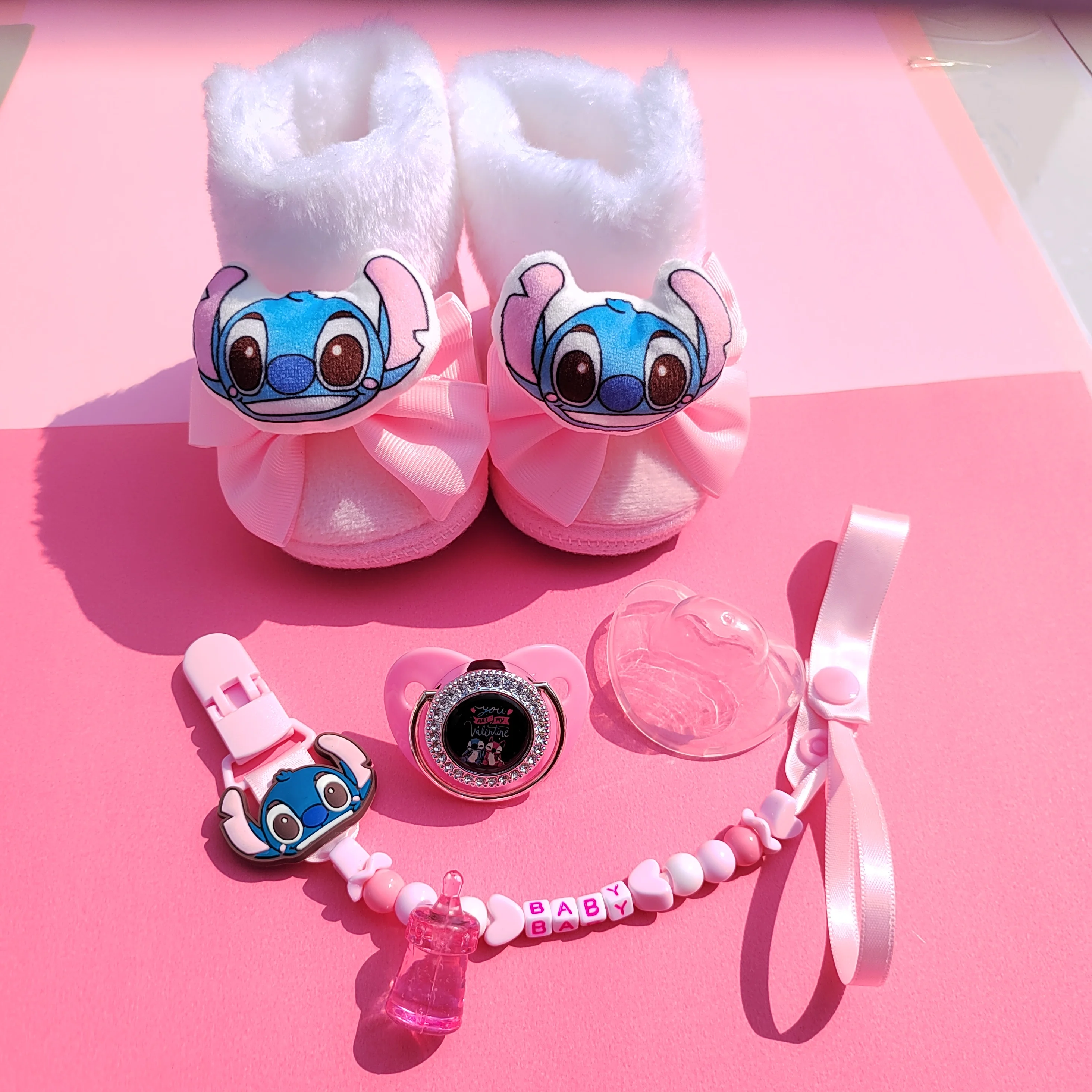 [Disney Stitch] Baby Pacifier Chain Clip Newborn Boots Combination Luxury Bling Pacifier Silicone dummy Pacifier Chupeta 0-12M