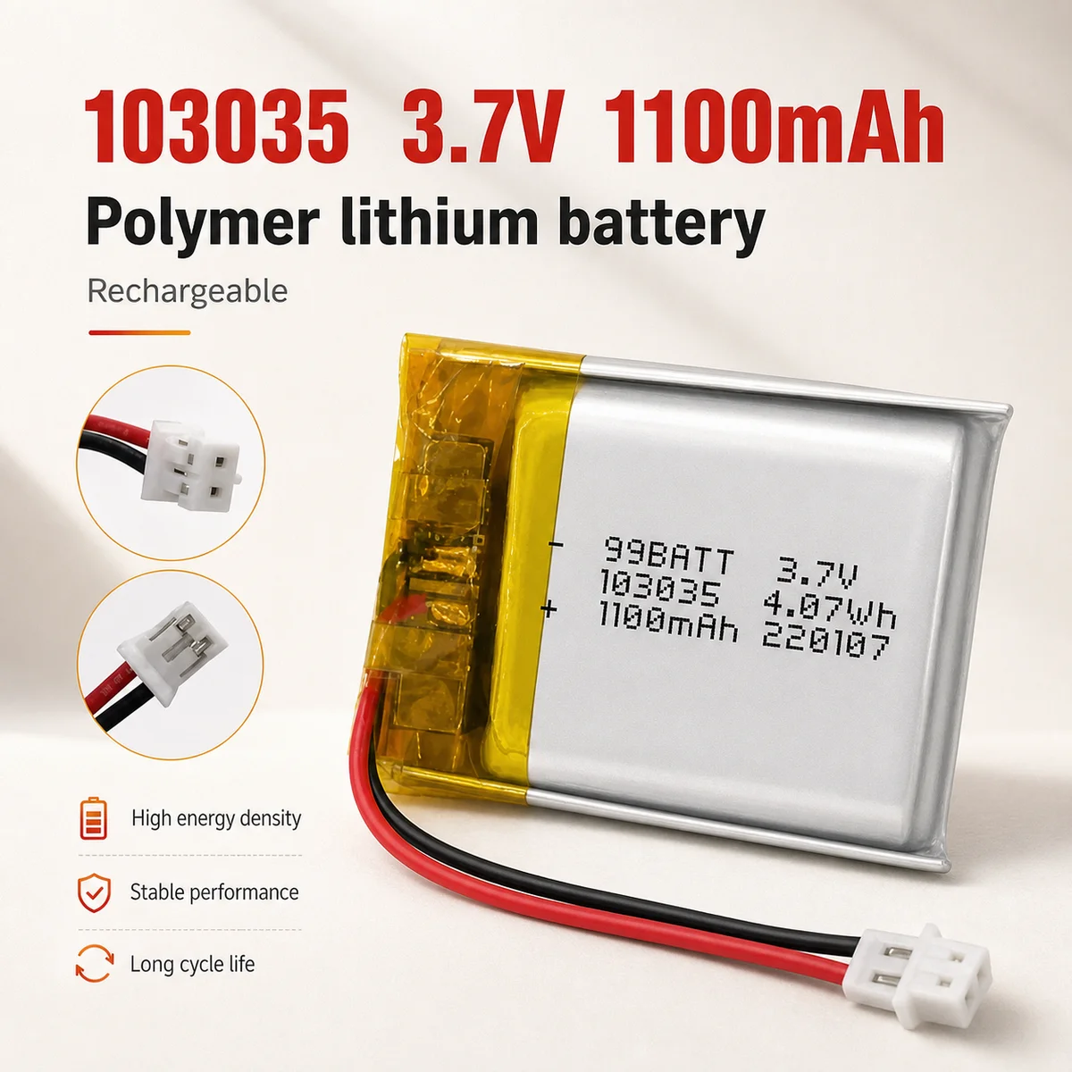 Rechargeable 103035 LiPo Battery 3.7V 1100mAh 1-10PCS Lithium Polymer Cell for Bluetooth Mouse Doorbell LED Light