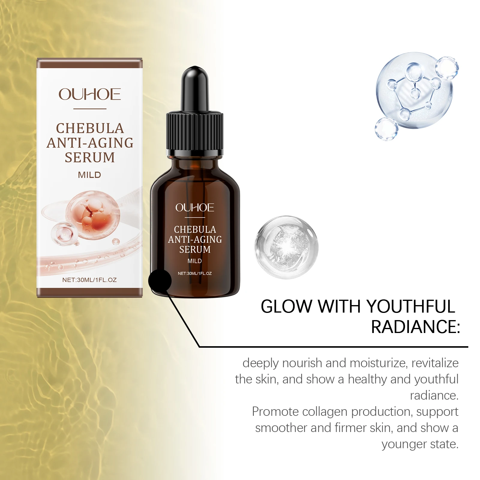 OUHOE Chebula Anti-Aging Serum: Whiten, Firm, Moisturize, Anti - aging, All Skin Types, Mild Formula