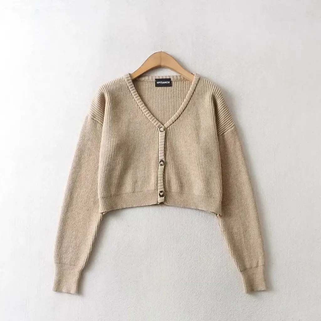 

Women's V-neck Single-breasted Long-sleeved Sweater Jacket European American Style Autumn Winter Loose Slimming Shoulder Design