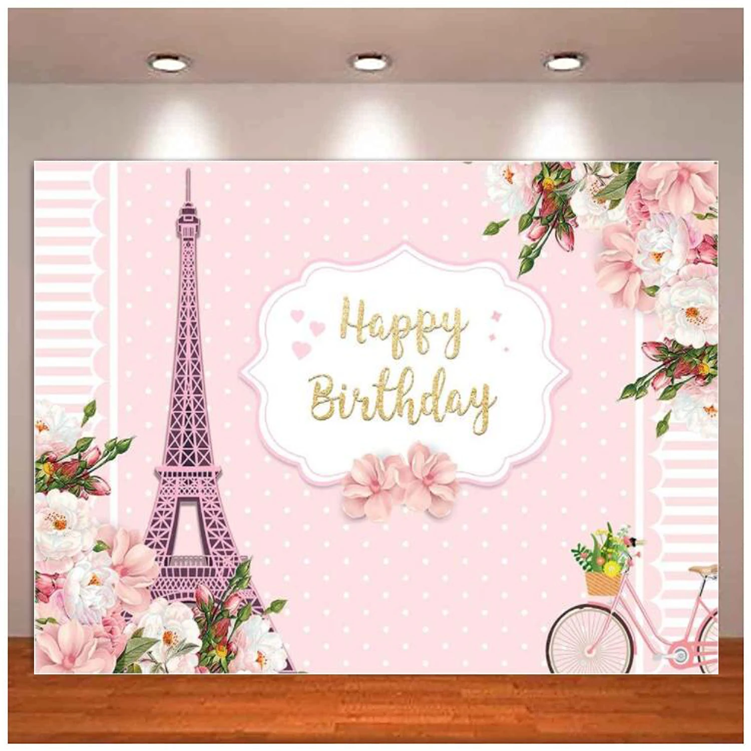 

Happy Birthday Party Photography Backdrop Pink Floral Eiffel Tower Princess Baby Girl Background Polka Dots Stripes Flower Decor