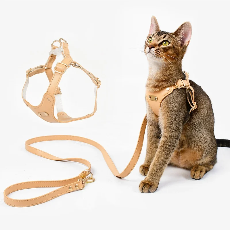 Luxury leather cat harness leash set Soft leather bowknot cat collar adjustable outdoor pet traction rope metal buckle pet vest