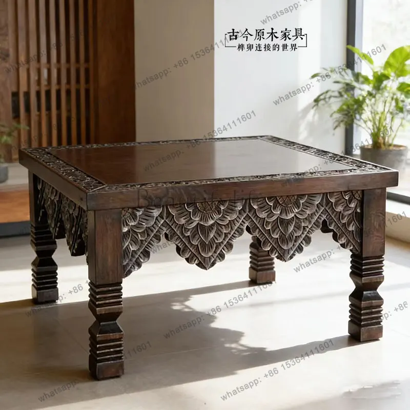 

Кофейный столик в стиле Юго-Восточной Азии из массива дерева с резьбой в виде цветов, индийская мебель CT172-2, тайский резной столик из старого вяза, квадратный.