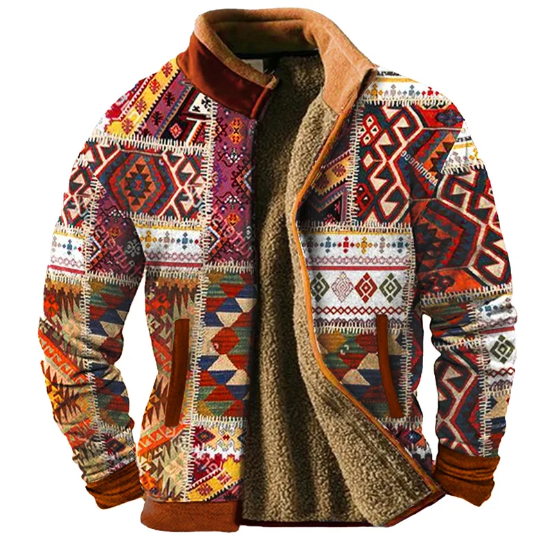 Thick coat Blue brown stand-up collar fleece Winter Designer holiday Holiday Outing Zipper shirt Graphic Tribal men daily casual