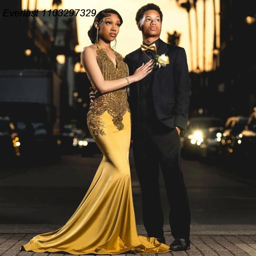 

EVLAST Customized Gold Sequins Mermaid Prom Dress For Black Girls Tassel Diamonds Crystals Beaded Formal Party Gala Gown TPD93