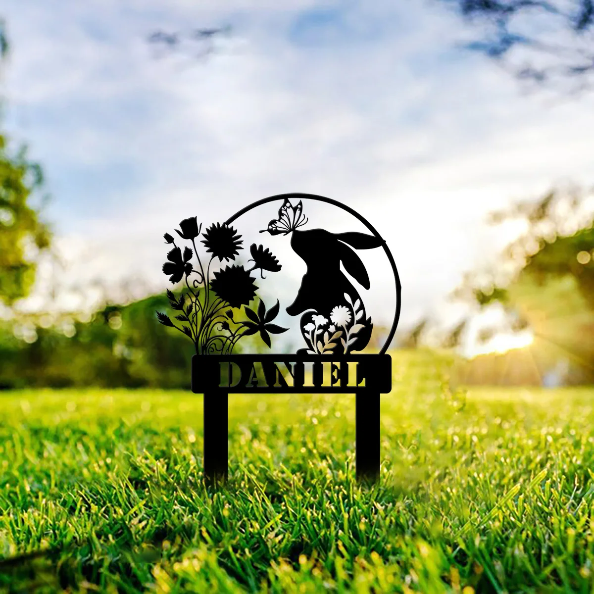 

Garden Grass Flower Butterfly Bunny Stake Sign, art deco lawn sign, creative rabbit animal sculpture decorations Personalized