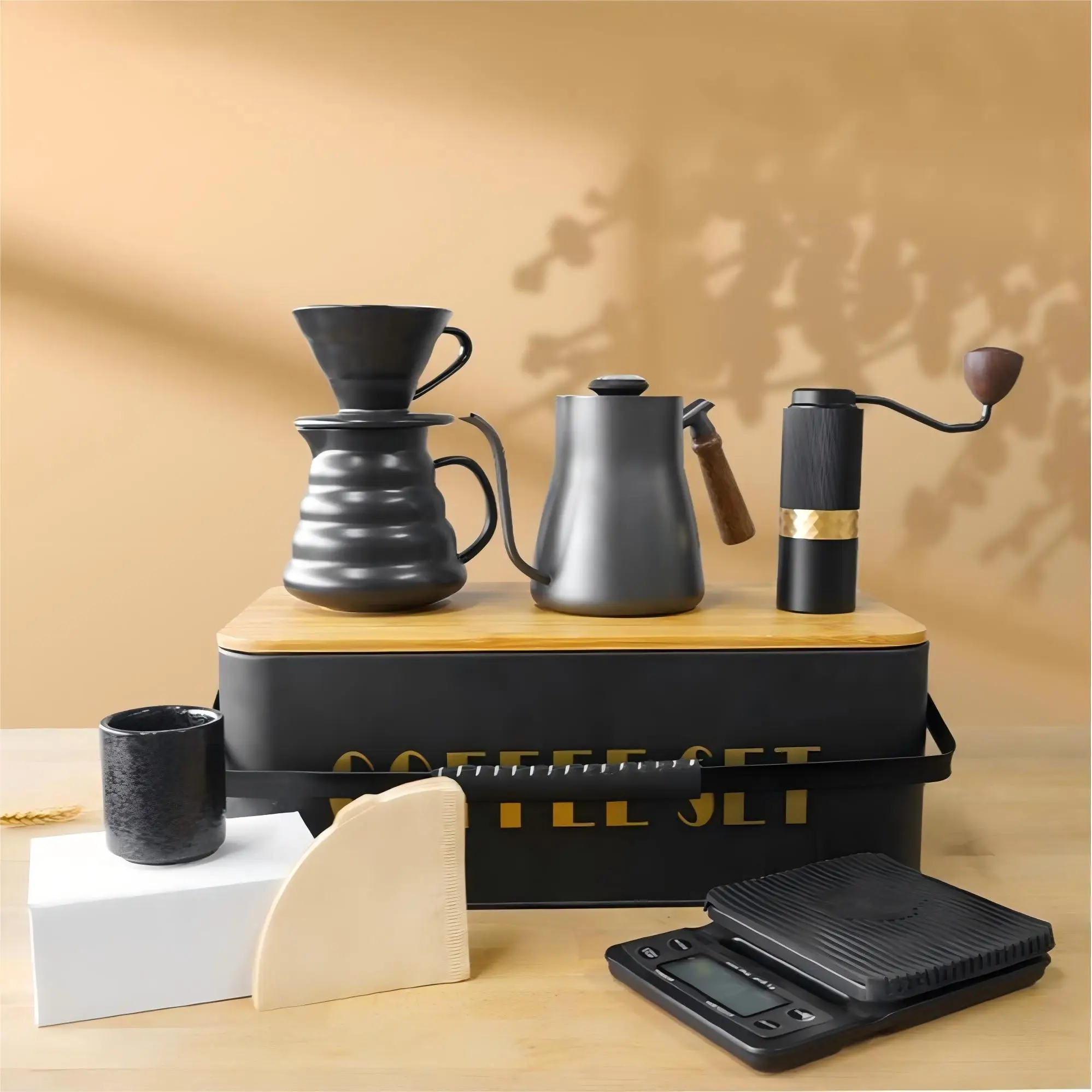 

Luxury Pour Over Coffee Maker Set With Dripper Server Coffee Kettle Manual Grinder Filter Paper Metal Box for Outdoor Camping