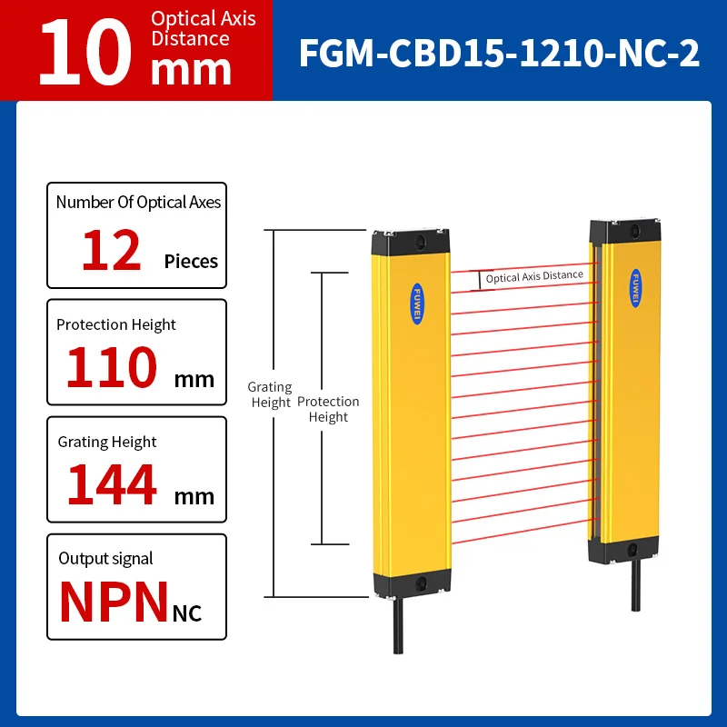 

FGM-CBD15-1210-NC-2 DC24V NPN PNP Output Finger Detection Safety Infrared Safety Light Curtain Sensor