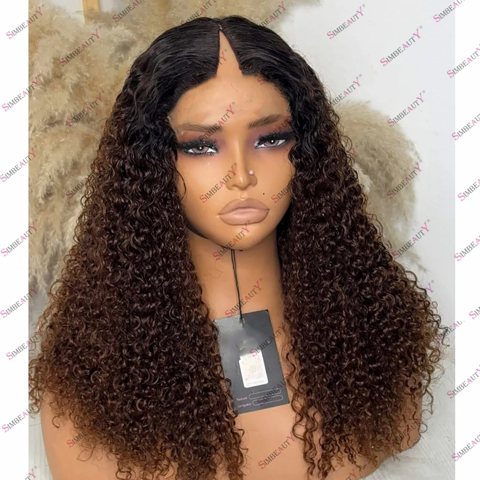 

1x4 V Part Ombre Brown Human Hair Afro Curly Cheap Wigs for Black Women Glueless Easy Install U Part Wigs Remy Indian Hair Wig