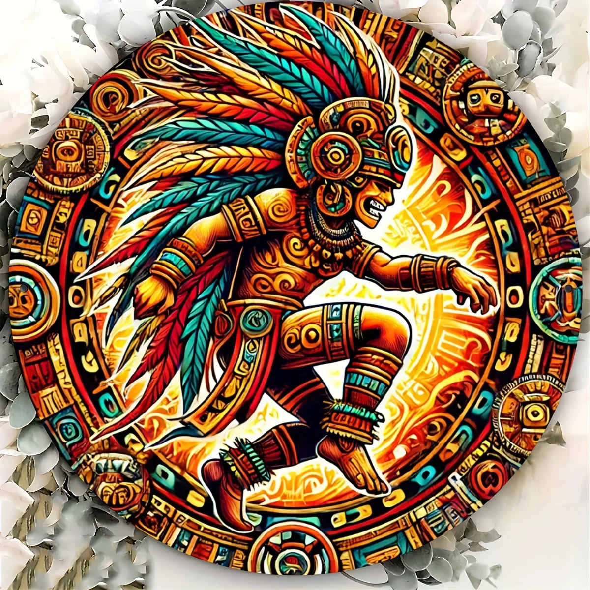 2D Flat, [2D Flat] 1pc 2D Print 7.87x7.87inch Iron Sign 1pc Vibrant Aztec Dance God Wall Art - Colorful, Traditional Attire Desi