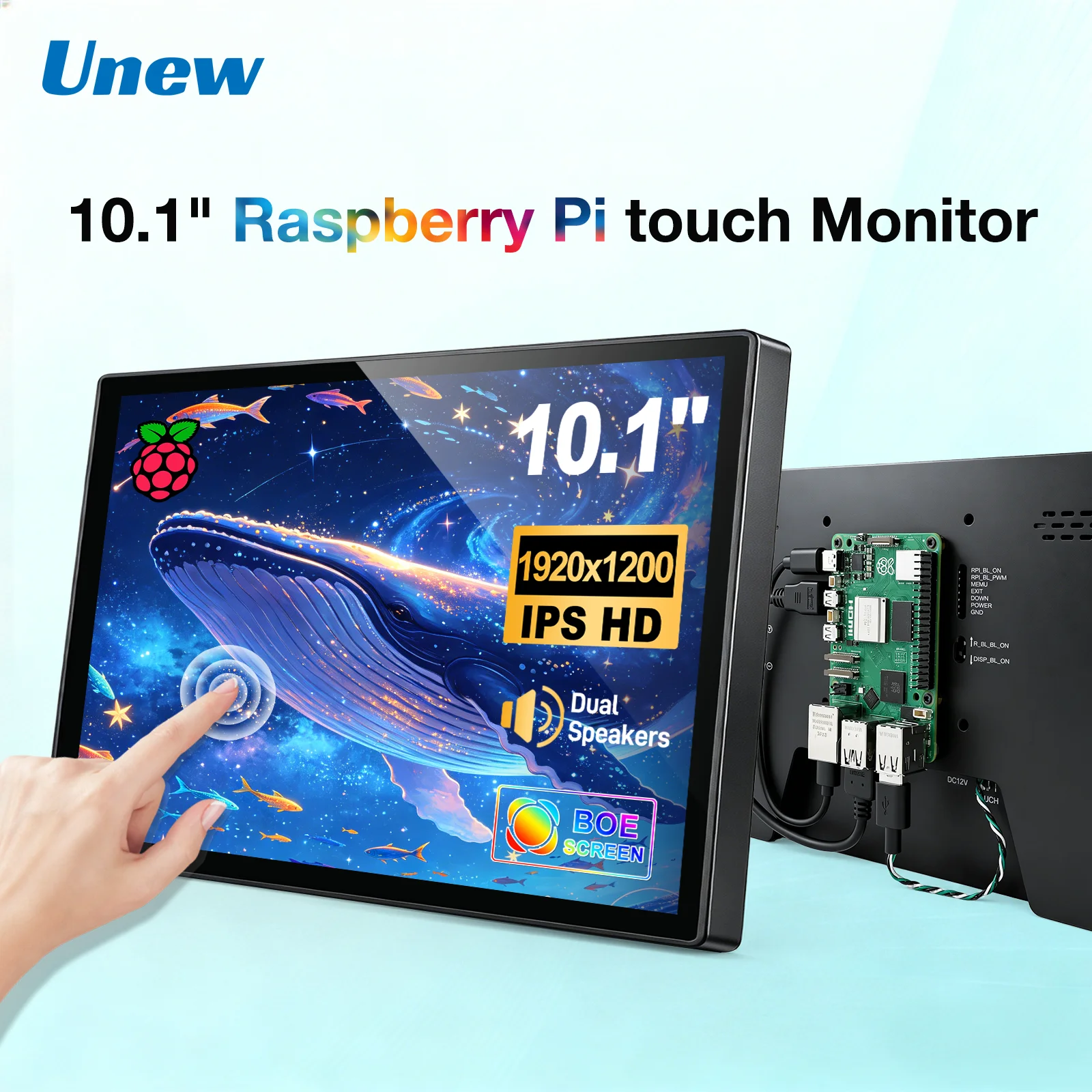 Unew 10.1 inch Touchscreen Pi Monitor 1900x1200 HDMI Type-C Display for Raspberry Pi 5 4 3 Laptop