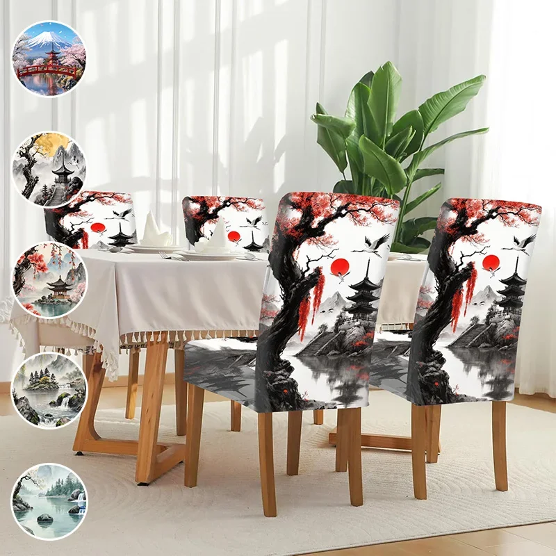 

High-elastic printed dining chair cover, ink landscape painting pattern, suitable for household dining tables and chairs