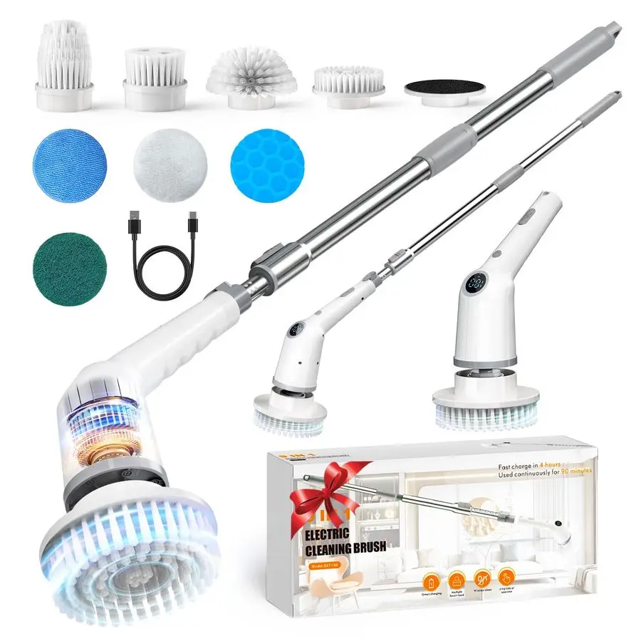 

Spin Scrubber,Cordless Cleaning Brush,Bathroom Shower Scrubber with Long Handle Adjustable,3 Speeds,IPX7 Waterproof,Digital Disp