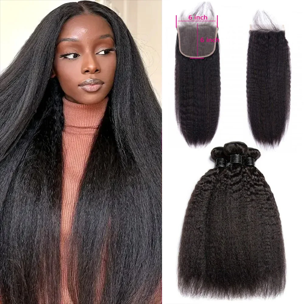 

Brazilian Kinky Straight Human Hair Bundles with 6X6 Closure Human Hair 3 Bundles With Closure Remy Hair Closure And Bundles