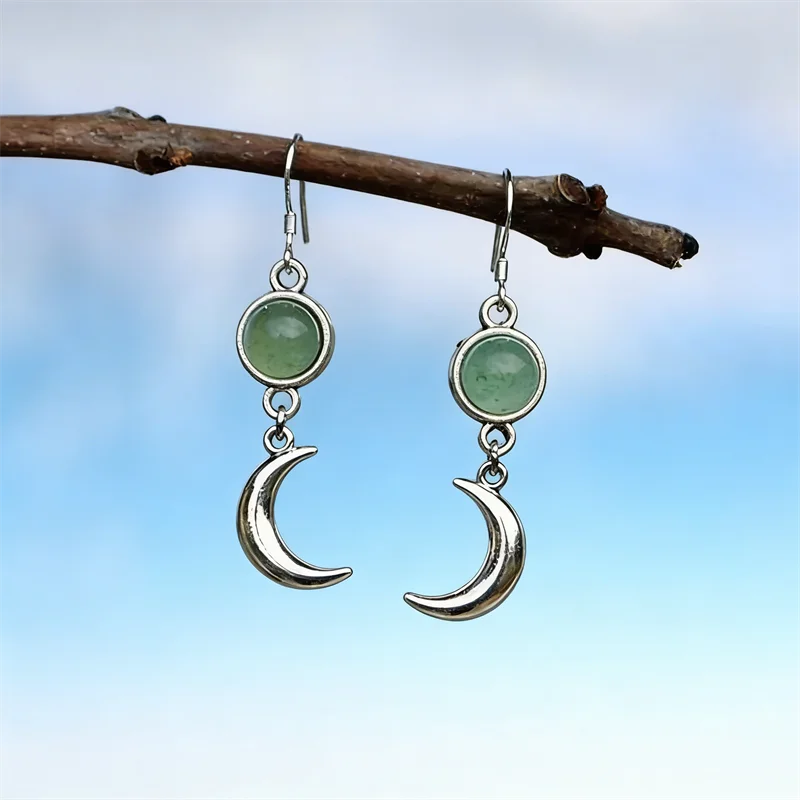 Personalidade criativa prata cor lua brincos requintado redondo incrustado pedra verde brincos de gota para mulher jóias de noivado