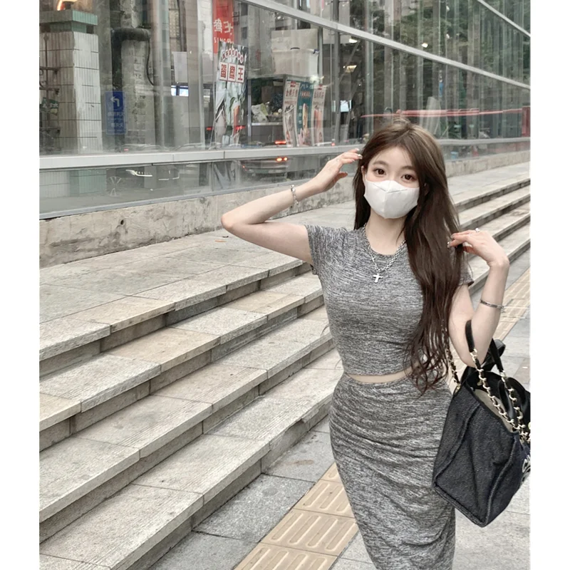 Women' Clothing Underlay Shirt Slim Fit Versatile Round Neck Temperament Top Pair with High Waist Slim Elastic Knitted Skirt Set