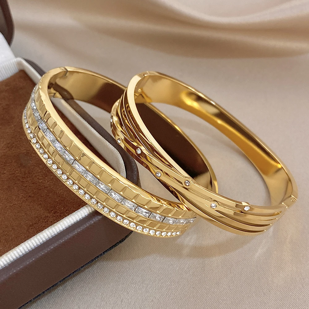 Luxury Multi‑Layer Twist Zircon Bangle Set Jewelry for Women Gold Plated Stainless Steel Waterproof Stackable Bracelet Gift