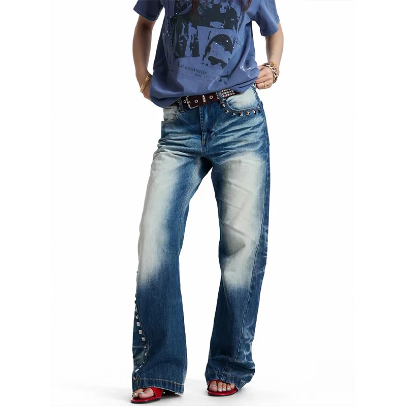 American Vintage Distressed Rivet Patchwork Flare Jeans Women Streetwear Bodycon Full-Length Y2k Retro Denim Pants 2026