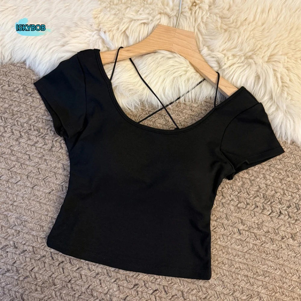 

Backness Bowknot Lace-up Top Hollow-out Bottoming Shirt Slim Short Crop Top Y2K Spicy Girl Style Short Sleeve T-shirts Summer