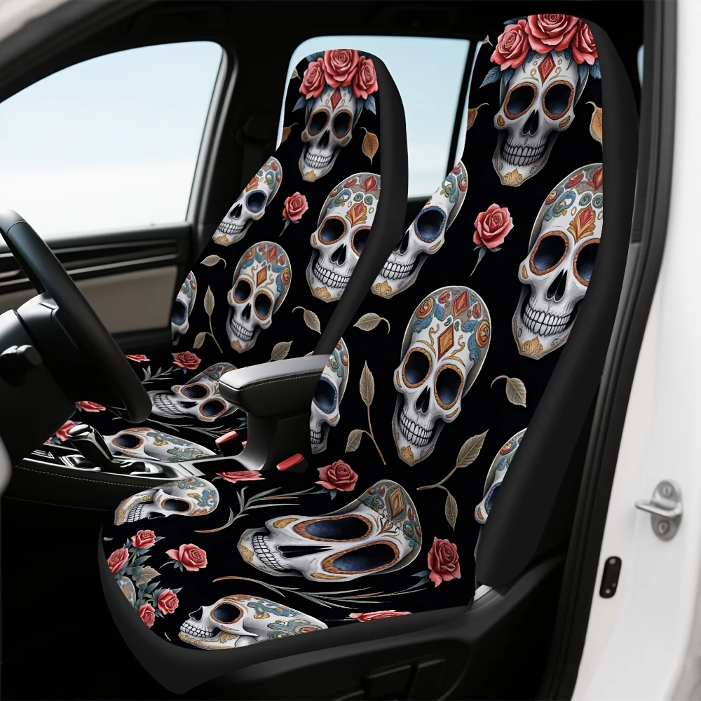 2pcs, Skull Floral Intricate Design Car Seat Covers, Practical Gift Idea For Drivers And Car Owners, Easy To Install On Driver A