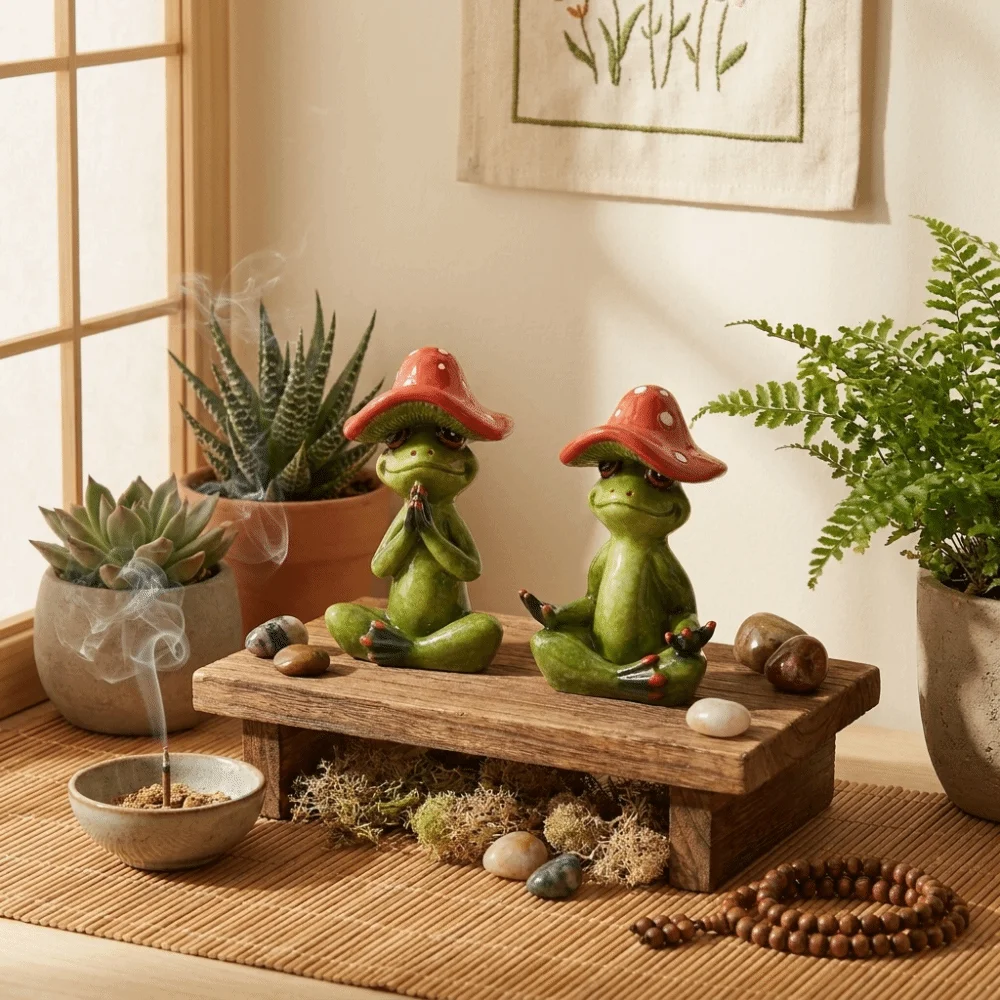 Patio Lawn Yard Cartoon Yoga Frog Figurine Handmade Cute Mushroom Frog Statue Resin Resin Garden Decor Office Desktop