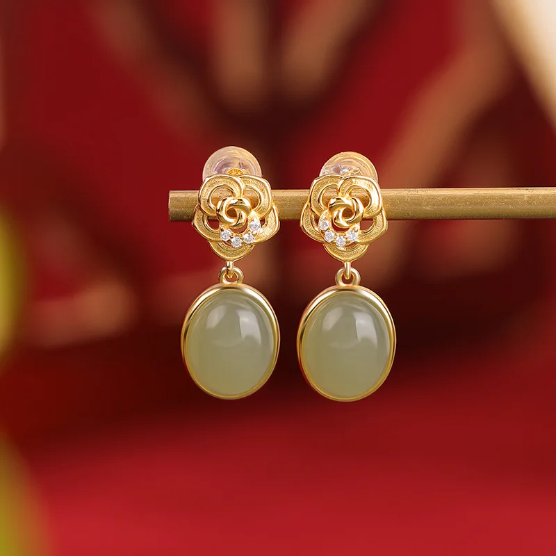 Natural Hetian S925 Sterling Silver Gold-Plated Jade Rose Flower Stud Earrings In Style Women