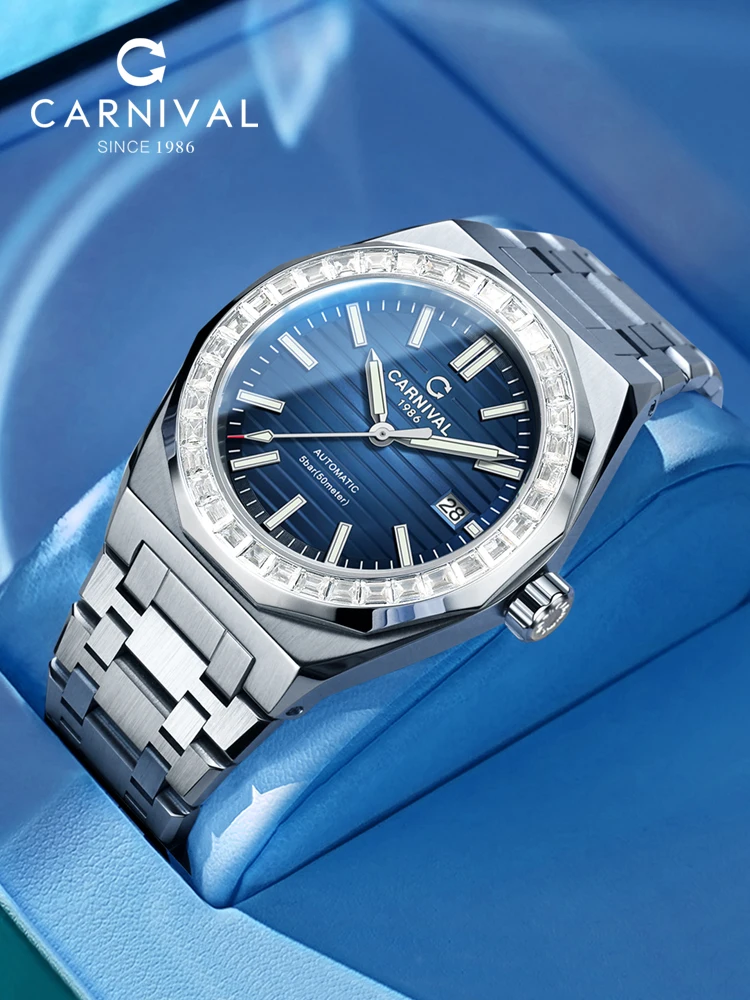 Carnival Brand New Luxury Imported Movement Mechanical Watch Men Luminous Fashion Sapphire Diamond Date Automatic Watches Mens